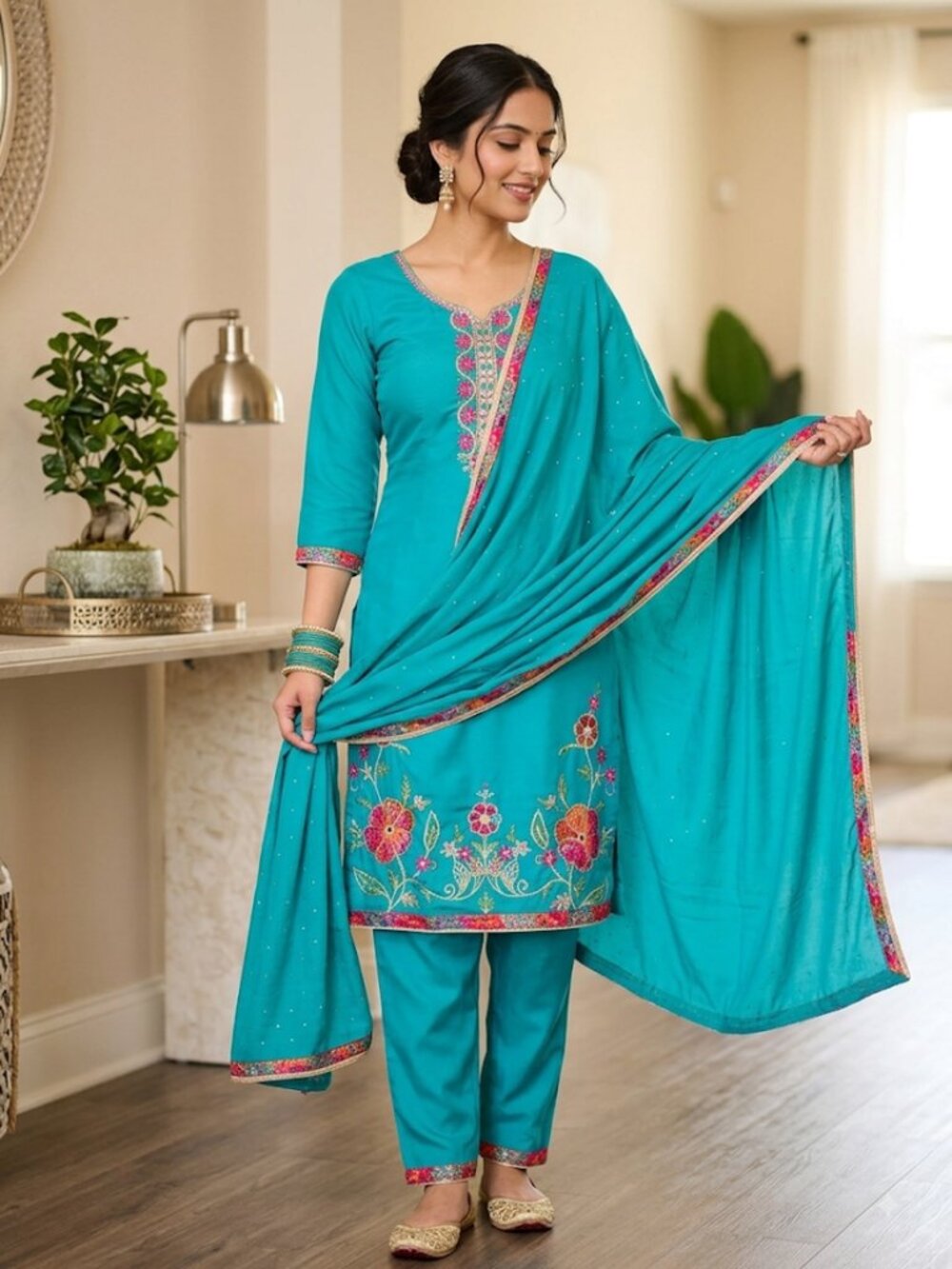 Women's 3-Piece Turquoise Embroidered Kurta Set, Floral Ethnic Tunic Top with Ma